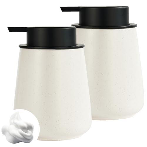 Eyrozia 12Oz Hand Soap Dispenser Set - 2 Pack Ceramic Foam Soap Dispenser Set with Easy-to-Press Black Pump, Refillable Mordern Foaming Dish Soap Dispensers for Bathroom & Kitchen (Beige, Foam Pump) - Image 1
