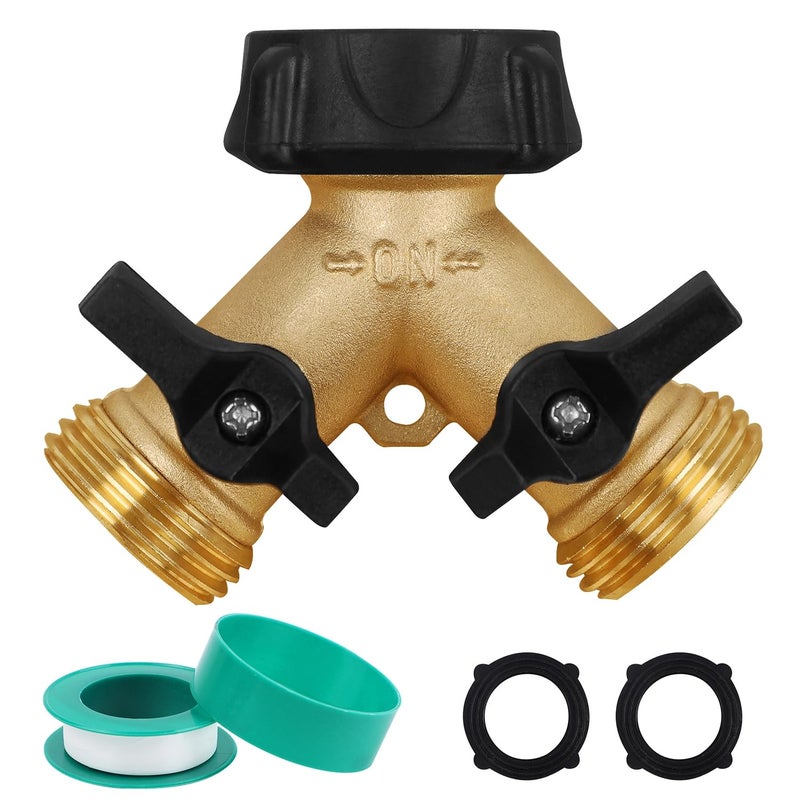Biswing Garden Hose Splitter 2 Way, Heavy Duty Brass Connector Tap Splitter, Y Splitter 2 Valves with 2 Extra Rubber Washers - Image 1
