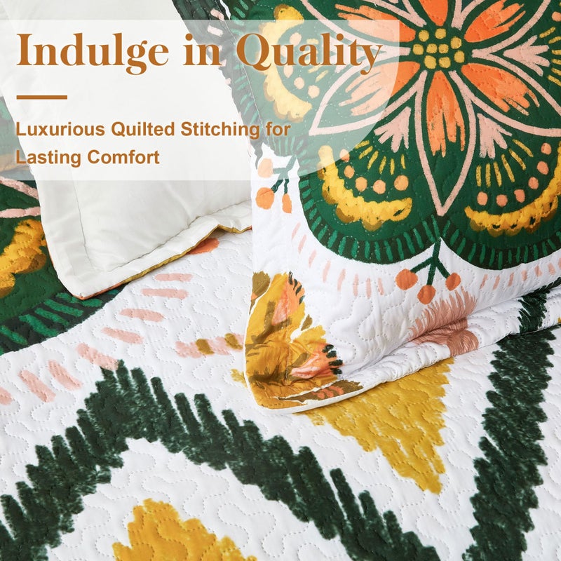 Tyrot 3 Piece Boho Floral Full/Queen Quilt Sets Farmhouse Botanical Reversible Lightweight Bedspread Coverlet with 2 Shams Mid Century Leaves Microfiber Bedding Quilts Set for All Season, 90''x96'' - Image 4