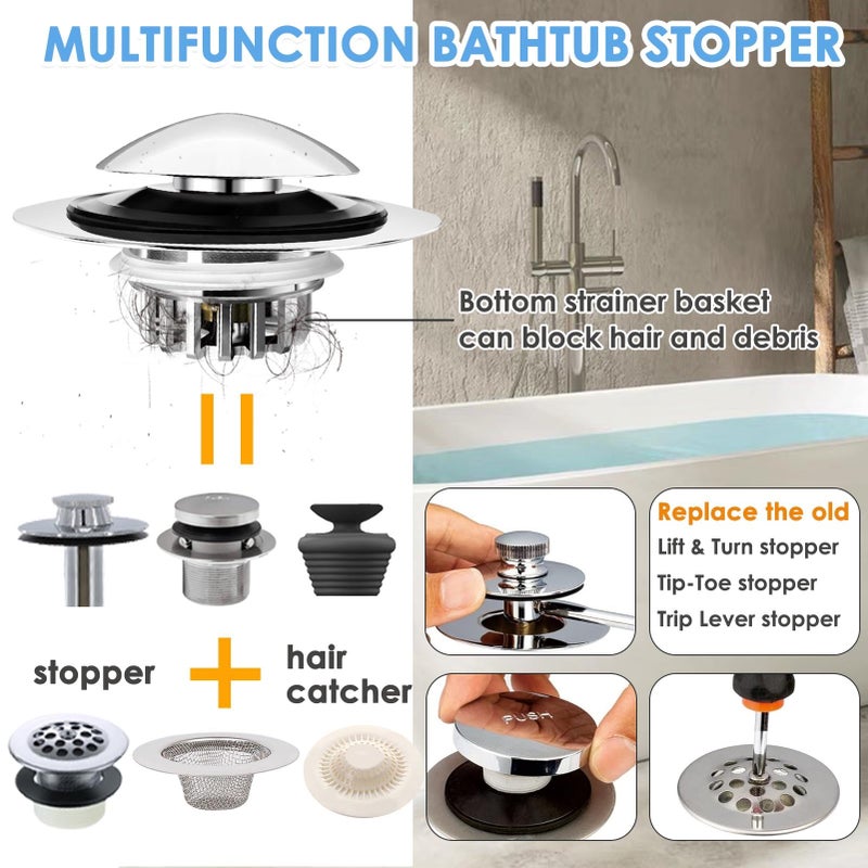 BAOLSLS Bathtub Drain Stopper, Pop Up Tub Drain Hair Catcher, Bath Tub Drain Plug and Cover for 1.45-1.8in Drain Hole, Replaces Lift and Turn, Tip Toe or Trip Lever, Silver - Image 2