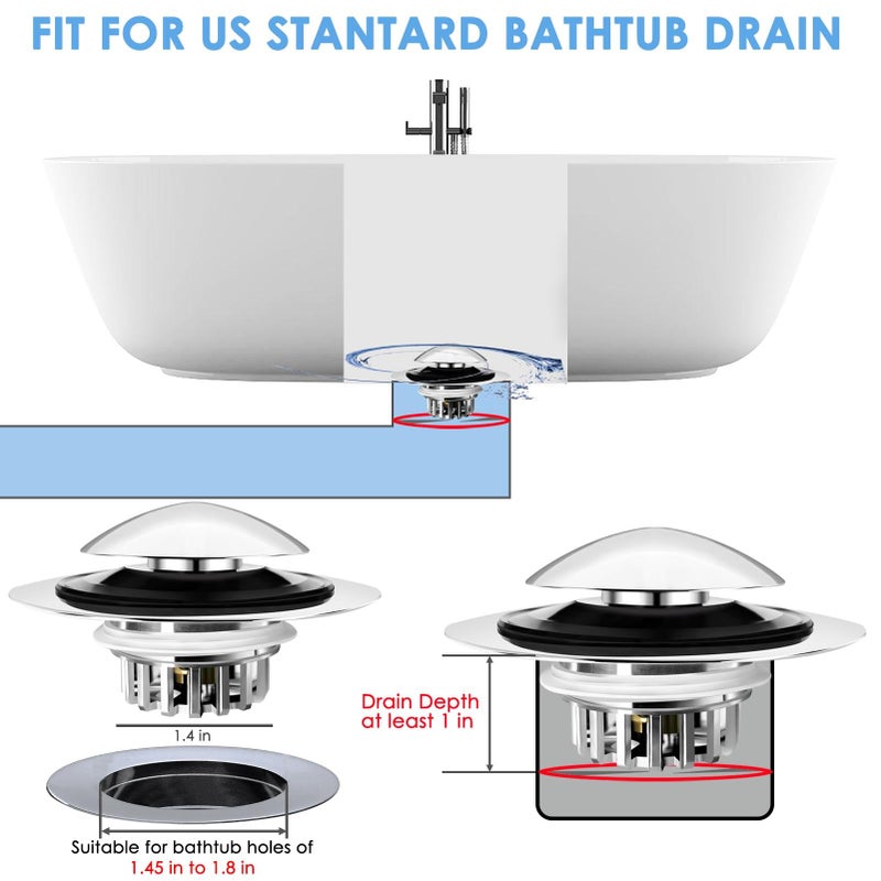 BAOLSLS Bathtub Drain Stopper, Pop Up Tub Drain Hair Catcher, Bath Tub Drain Plug and Cover for 1.45-1.8in Drain Hole, Replaces Lift and Turn, Tip Toe or Trip Lever, Silver - Image 4