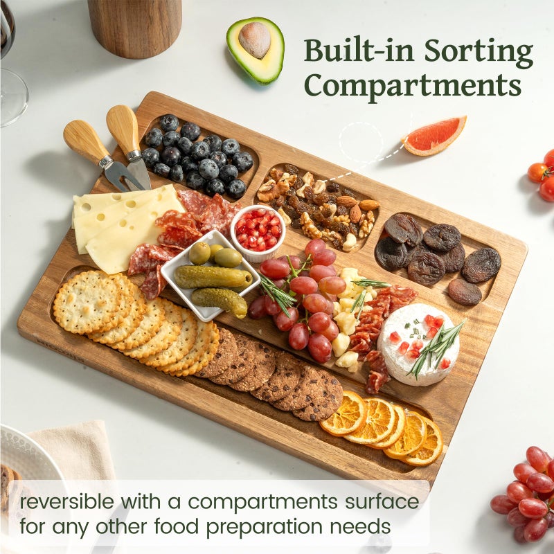 Kikcoin Acacia Wood Cutting Boards for Kitchen, Wooden Cutting Board, Chopping Board with Built-In Compartments and Juice Groove, Solid Charcuterie Board Serving Tray Wood Butcher Block, 17" x 11.8" - Image 4