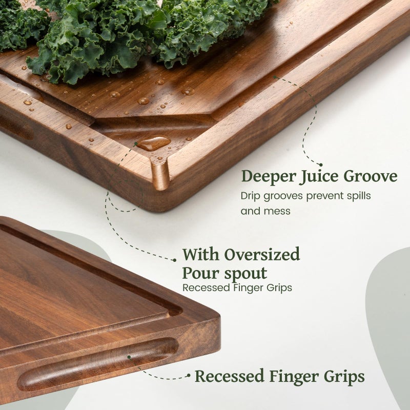 Kikcoin Acacia Wood Cutting Boards for Kitchen, Wooden Cutting Board, Chopping Board with Built-In Compartments and Juice Groove, Solid Charcuterie Board Serving Tray Wood Butcher Block, 17" x 11.8" - Image 3