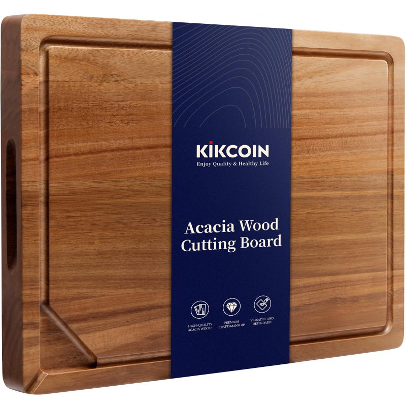 Kikcoin Acacia Wood Cutting Boards for Kitchen, Wooden Cutting Board, Chopping Board with Built-In Compartments and Juice Groove, Solid Charcuterie Board Serving Tray Wood Butcher Block, 17" x 11.8" - Image 1