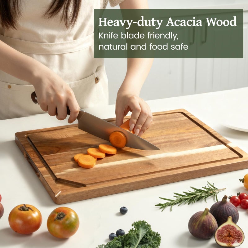 Kikcoin Acacia Wood Cutting Boards for Kitchen, Wooden Cutting Board, Chopping Board with Built-In Compartments and Juice Groove, Solid Charcuterie Board Serving Tray Wood Butcher Block, 17" x 11.8" - Image 5