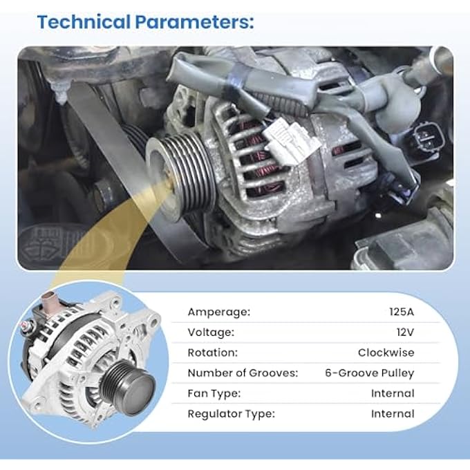 FuseRish Replacement Alternator 125Amp Compatible with Toyot-a Corolla 2014-2019 L4 1.8L, 12V CW 6-Groove Clutch Pulley, Part # 104211-3300, 27060-0T240, 11776, 290-6337 - Image 4