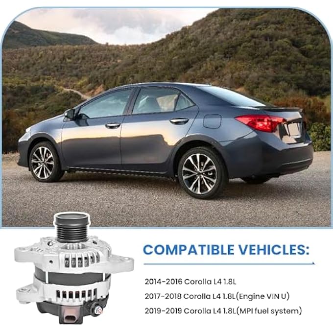 FuseRish Replacement Alternator 125Amp Compatible with Toyot-a Corolla 2014-2019 L4 1.8L, 12V CW 6-Groove Clutch Pulley, Part # 104211-3300, 27060-0T240, 11776, 290-6337 - Image 2