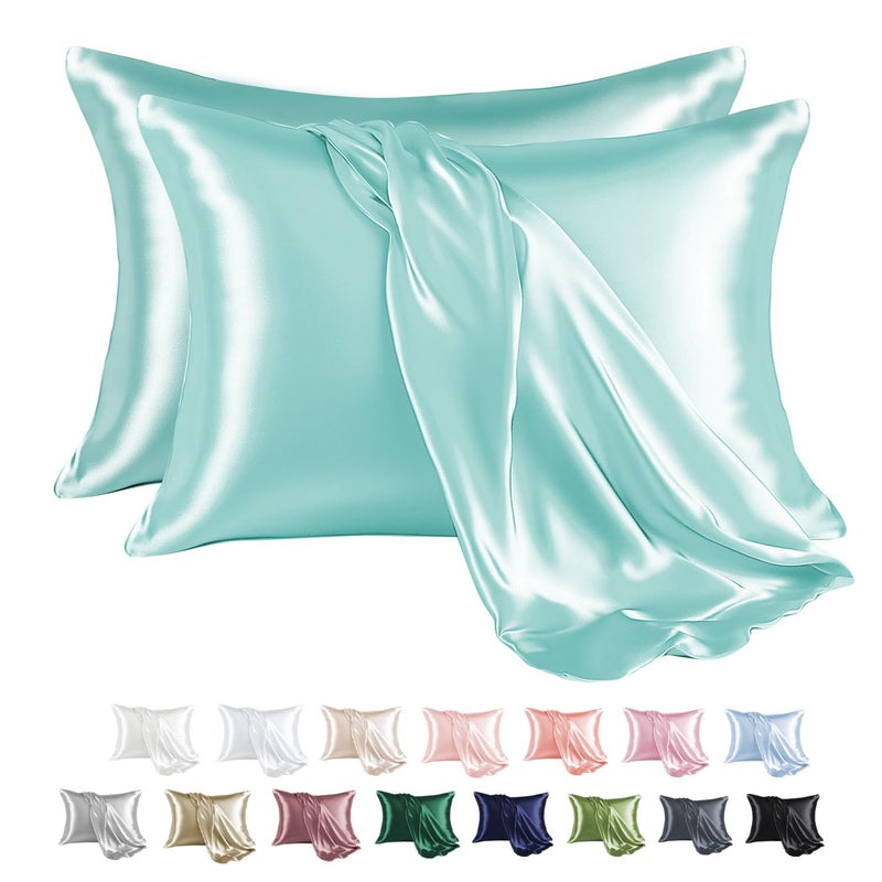 MRHM Satin Pillowcase for Hair and Skin Silk Satin Pillowcase 2 Pack Queen Size Pillow Cases Set of 2 Silky Pillow Cover with Envelope Closure 20x30 Turquoise