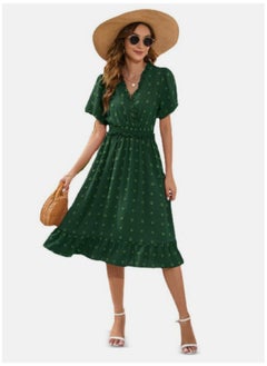 يونيكي Green Self Designed V-Neck Cotton A-Line Dress  - Image 3