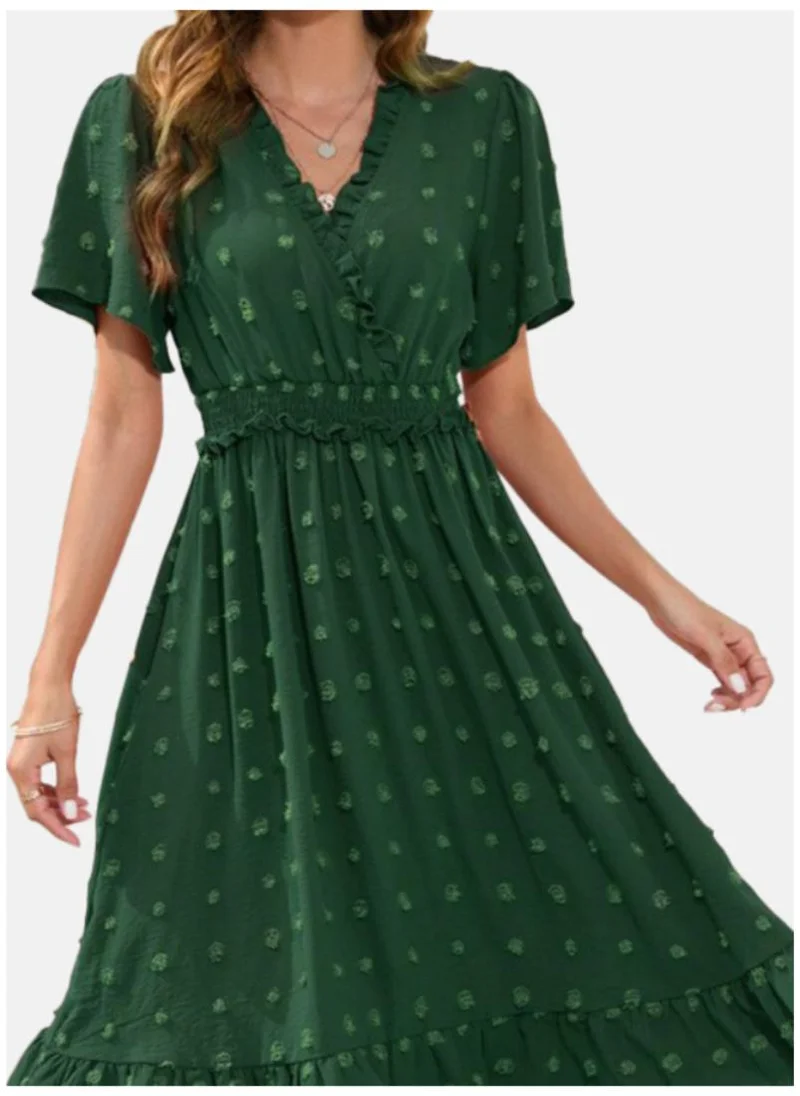 يونيكي Green Self Designed V-Neck Cotton A-Line Dress