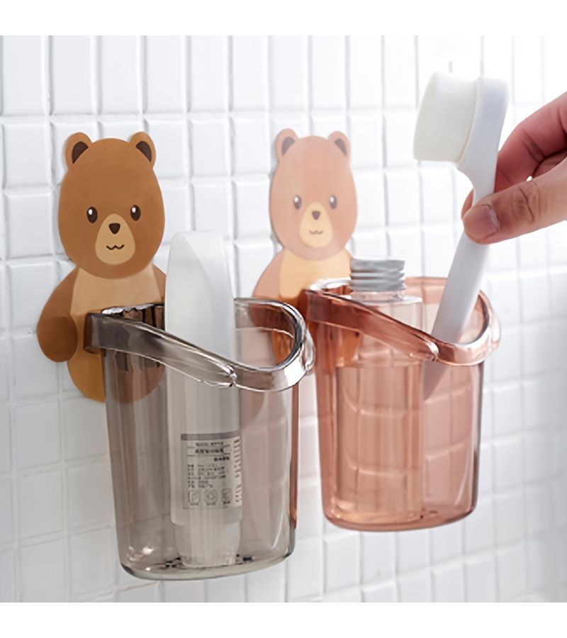 Brown Wall Mounted Drainage Cup Toothbrush Holder No Drill Bathroom Organizer - Image 3