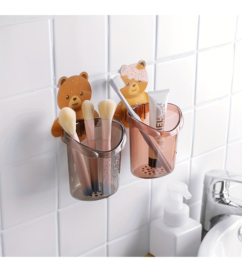 Brown Wall Mounted Drainage Cup Toothbrush Holder No Drill Bathroom Organizer - Image 5