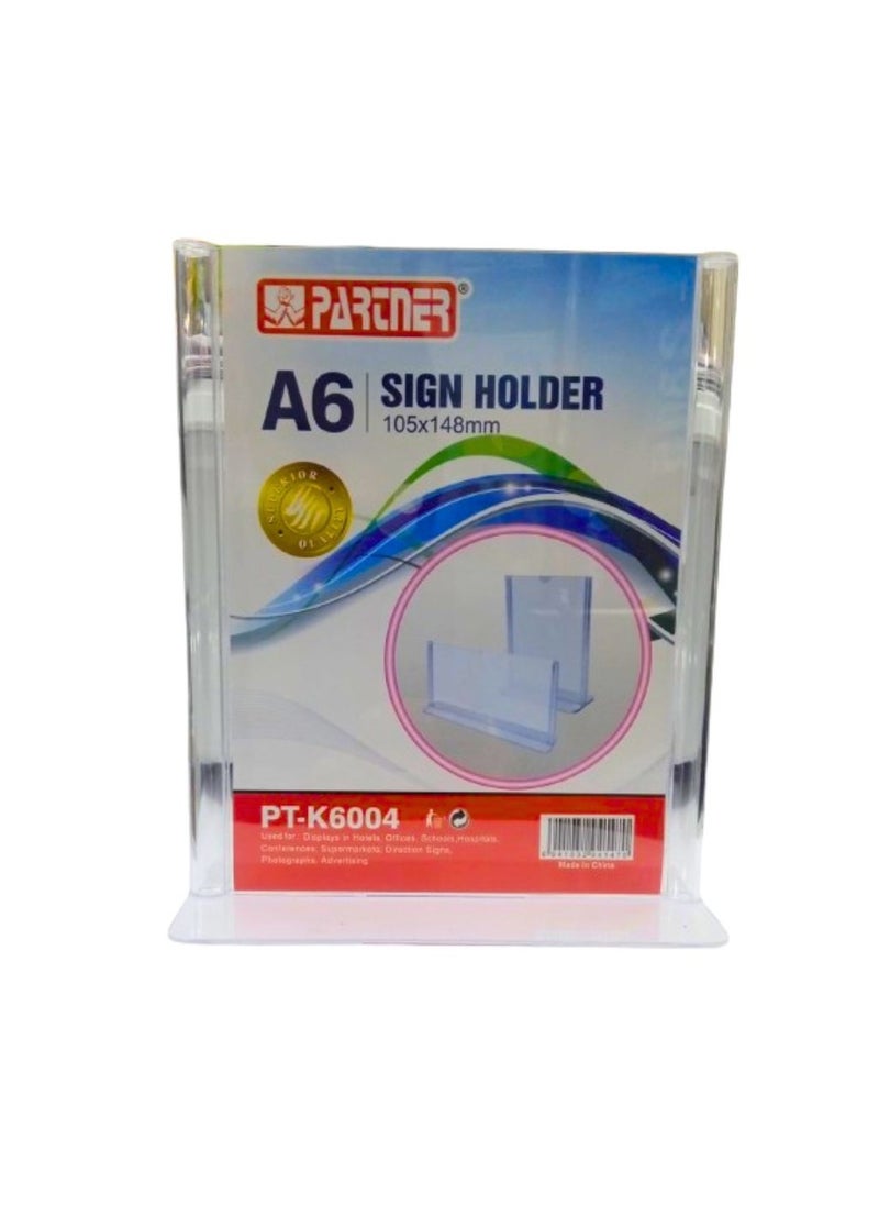 PARTNER - Acrylic Sign Holder A6 105 x 148 mm 2 sided T Base - Image 1