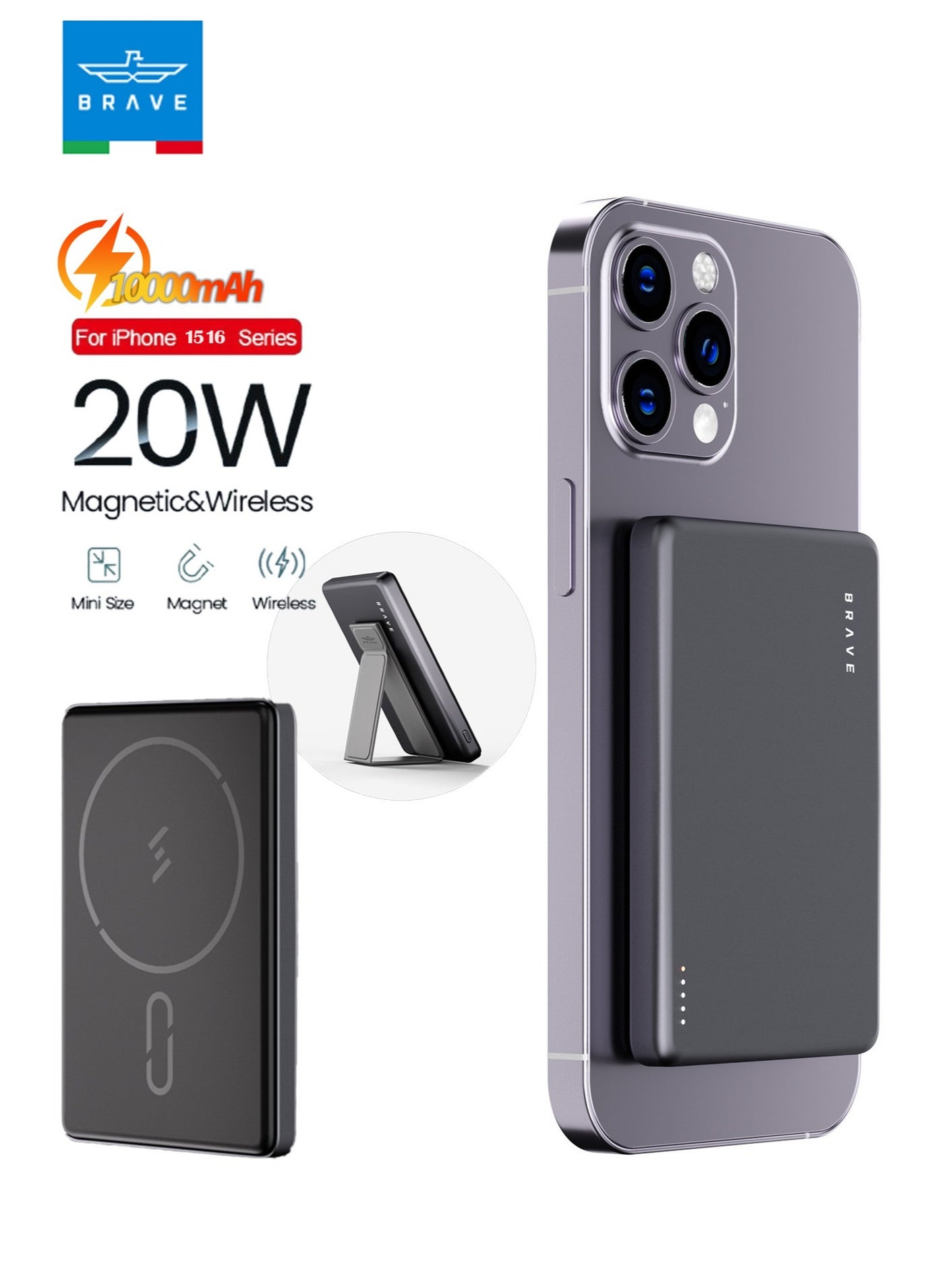 10,000mAh MagSafe Magnetic Power Bank with Stand, 15W Fast Wireless Charging, 20W USB-C Power Delivery Port, Ultra-Slim Portable Charger with MagSafe Technology, Compatible with iPhone 17, 17 Pro, 17 Pro Max, iPhone Air, iPhone 16, 15, 14, 13, Samsung Galaxy S25, S24, S23, S22, AirPods – Black