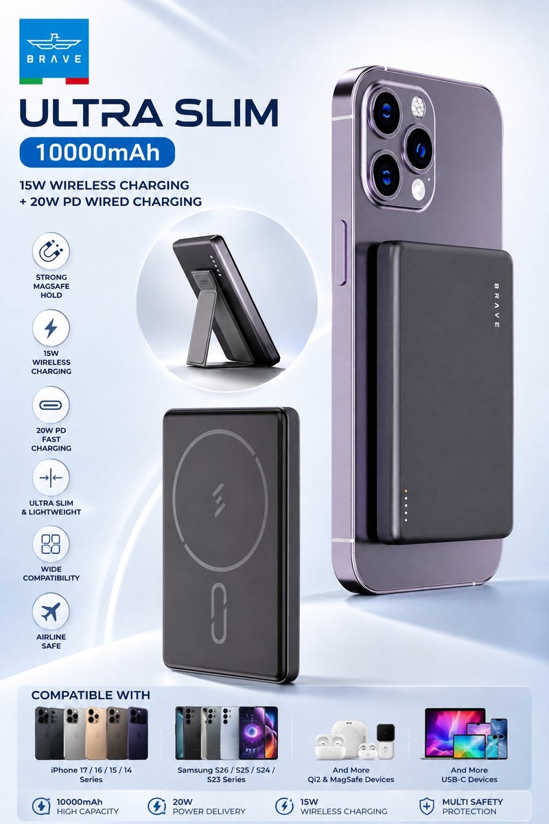 Brave 10,000mAh MagSafe Magnetic Power Bank with Stand, 15W Fast Wireless Charging, 20W USB-C Power Delivery Port, Ultra-Slim Portable Charger with MagSafe Technology, Compatible with iPhone 17, 17 Pro, 17 Pro Max, iPhone Air, iPhone 16, 15, 14, 13, Samsung Galaxy S25, S24, S23, S22, AirPods – Black - Image 1