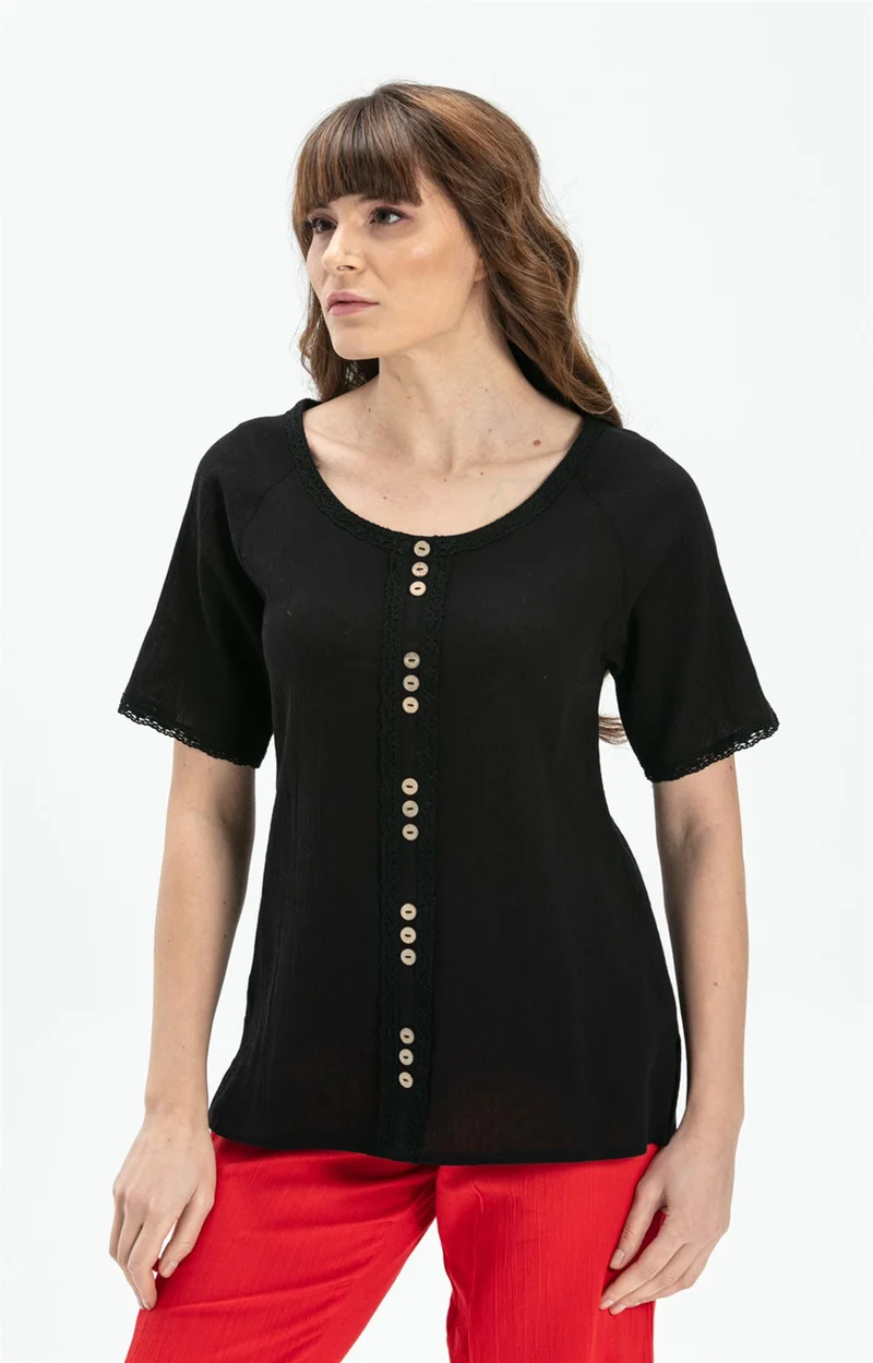 Eliş Şile Bezi Short Sleeve Şile Cloth Umay Blouse Black Syh