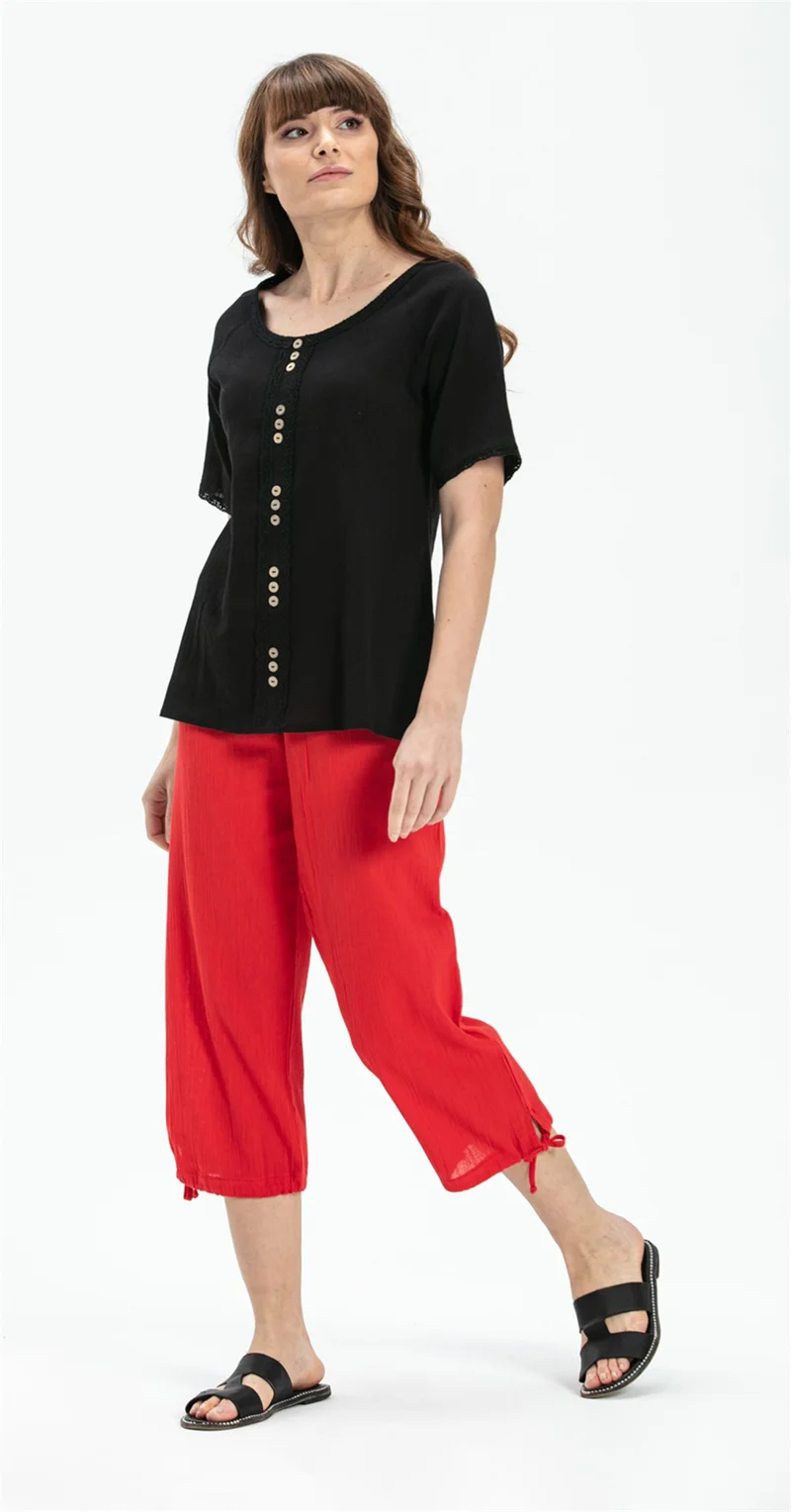Eliş Şile Bezi Short Sleeve Şile Cloth Umay Blouse Black Syh
