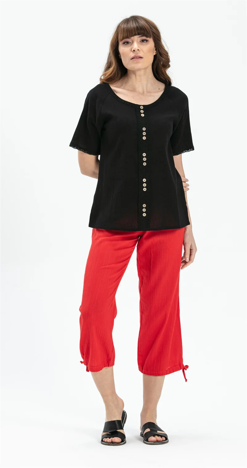 Eliş Şile Bezi Short Sleeve Şile Cloth Umay Blouse Black Syh