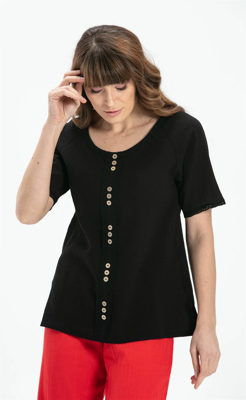 Eliş Şile Bezi Short Sleeve Şile Cloth Umay Blouse Black Syh