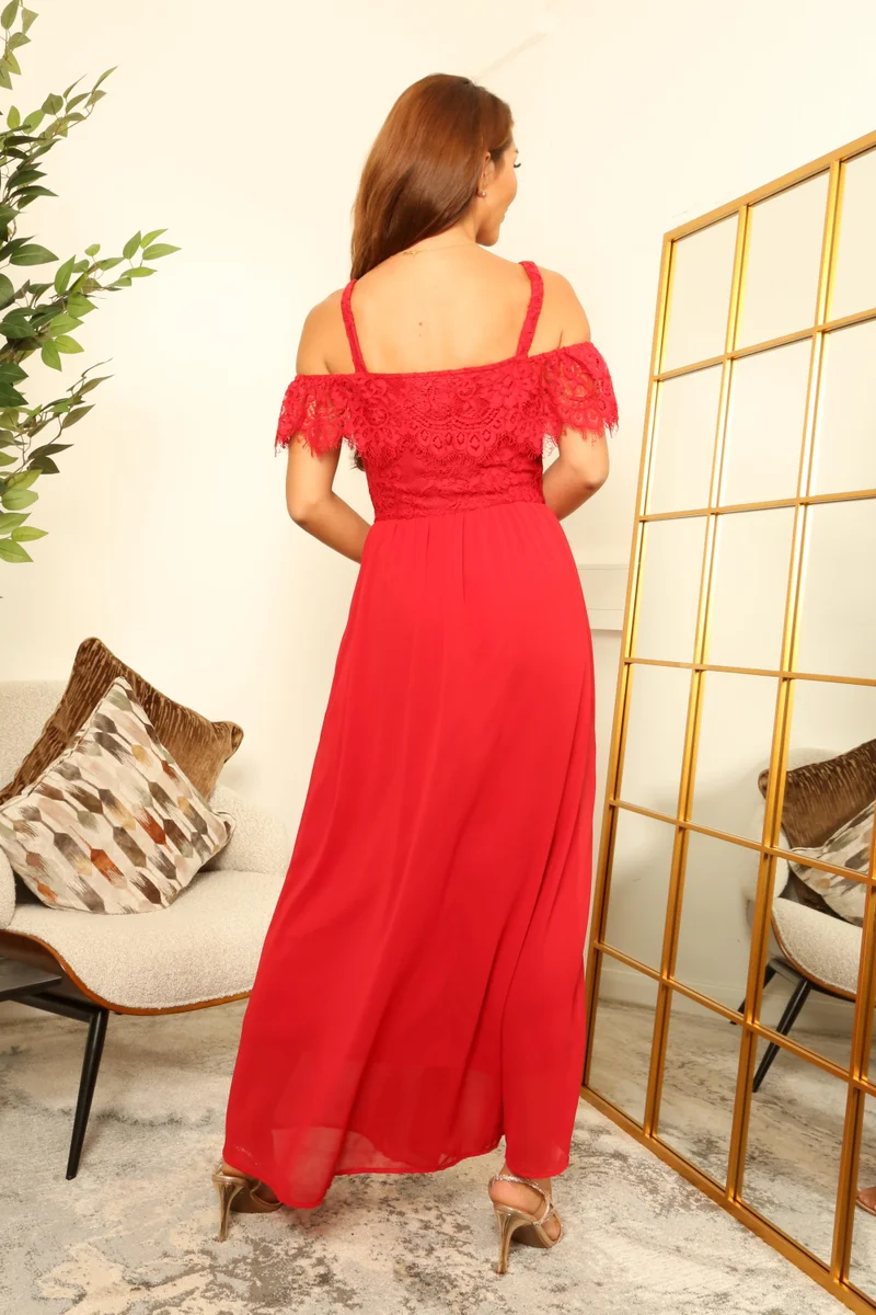 Double Second Red Red Lace Off-Shoulder Chiffon Maxi Dress for Women | Best Price UAE