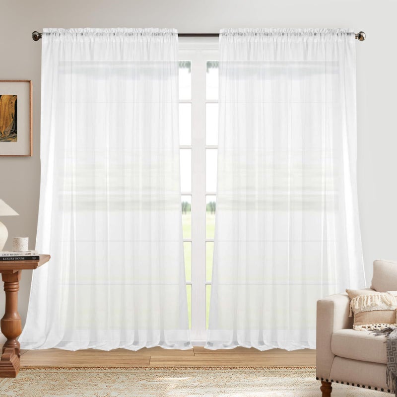 Dreaming Casa Solid Sheer Curtains Draperies White Rod Pocket 2 Panels 100" W x 102" L - Image 1