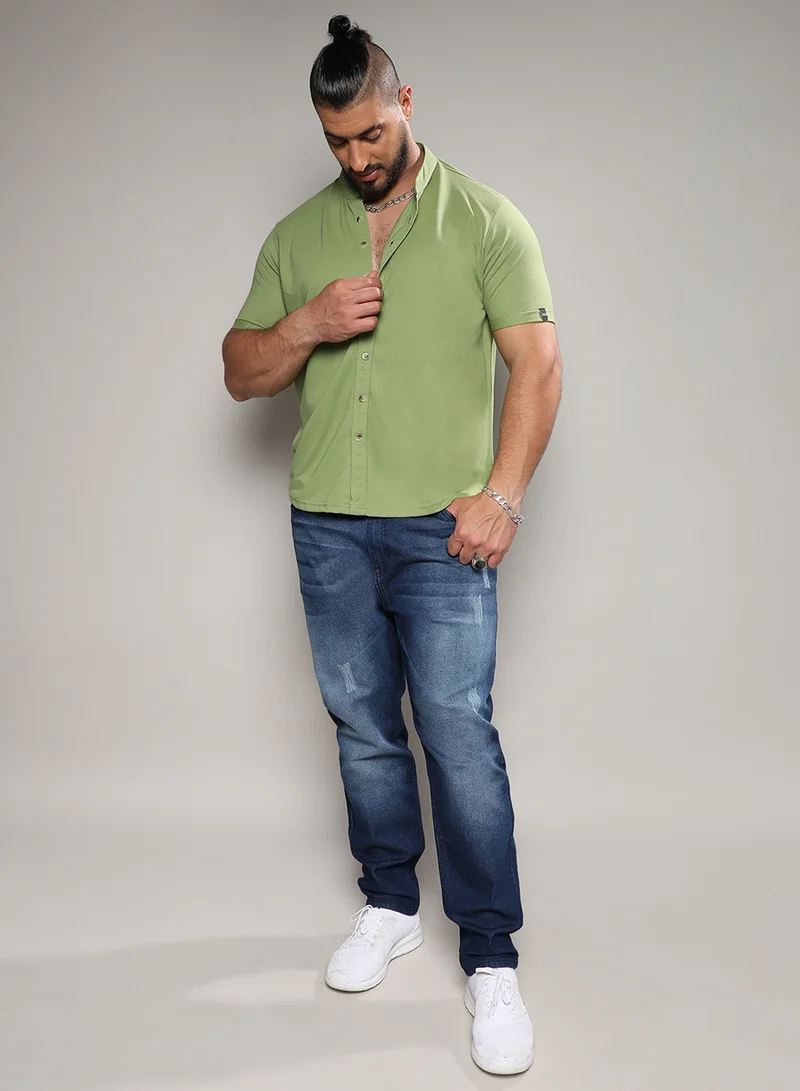 Instafab Plus Instafab Plus Men's Asparagus Green Basic Button-Up Shirt For Casual Wear | Mandarin Collar | Short Sleeve | Button Closure | Shirt Crafted With Comfort With For Everyday Wear