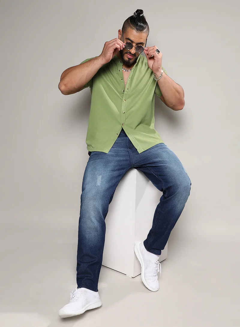 Instafab Plus Instafab Plus Men's Asparagus Green Basic Button-Up Shirt For Casual Wear | Mandarin Collar | Short Sleeve | Button Closure | Shirt Crafted With Comfort With For Everyday Wear