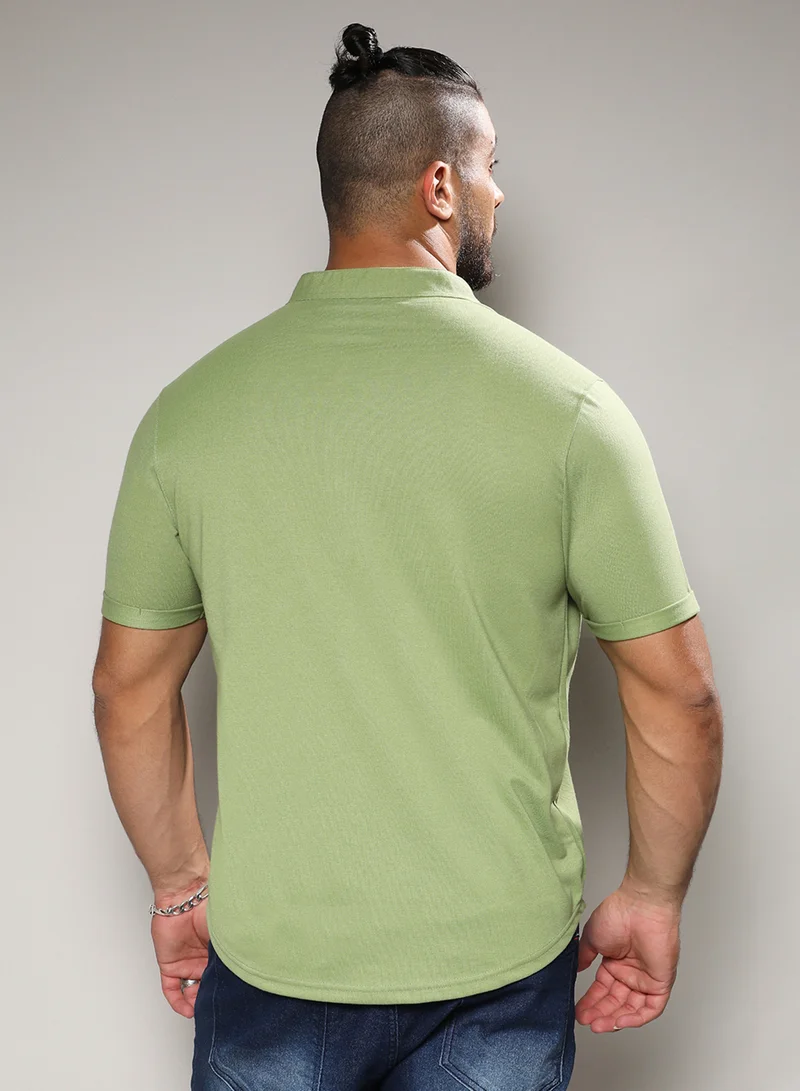 Instafab Plus Instafab Plus Men's Asparagus Green Basic Button-Up Shirt For Casual Wear | Mandarin Collar | Short Sleeve | Button Closure | Shirt Crafted With Comfort With For Everyday Wear