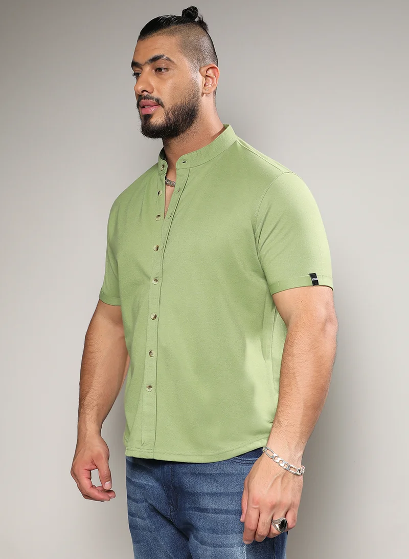 Instafab Plus Instafab Plus Men's Asparagus Green Basic Button-Up Shirt For Casual Wear | Mandarin Collar | Short Sleeve | Button Closure | Shirt Crafted With Comfort With For Everyday Wear