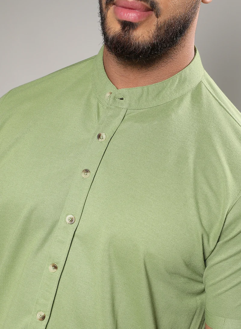 Instafab Plus Instafab Plus Men's Asparagus Green Basic Button-Up Shirt For Casual Wear | Mandarin Collar | Short Sleeve | Button Closure | Shirt Crafted With Comfort With For Everyday Wear