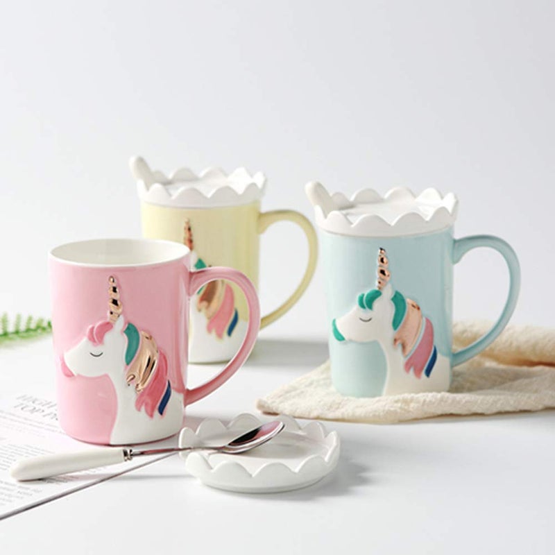 BigNoseDeer Unicorn Mug, Cute Ceramic Coffee Mug with Lid Spoon,Cute Mugs for Coffee Tea Milk,Cut stuff Unicorn Gifts for Girls Cute Gifts for Women (Pink 13oz) - Image 5