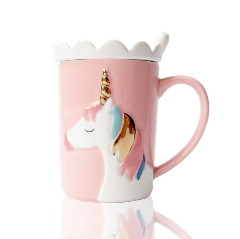 BigNoseDeer Unicorn Mug, Cute Ceramic Coffee Mug with Lid Spoon,Cute Mugs for Coffee Tea Milk,Cut stuff Unicorn Gifts for Girls Cute Gifts for Women (Pink 13oz) - Image 1