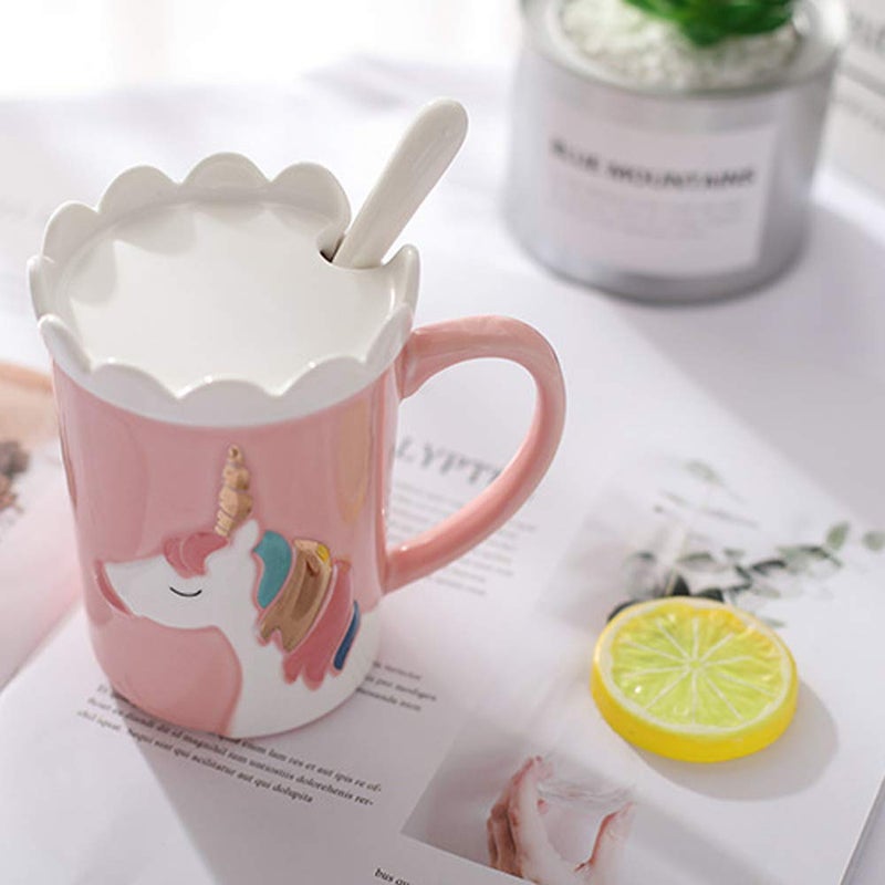BigNoseDeer Unicorn Mug, Cute Ceramic Coffee Mug with Lid Spoon,Cute Mugs for Coffee Tea Milk,Cut stuff Unicorn Gifts for Girls Cute Gifts for Women (Pink 13oz) - Image 3
