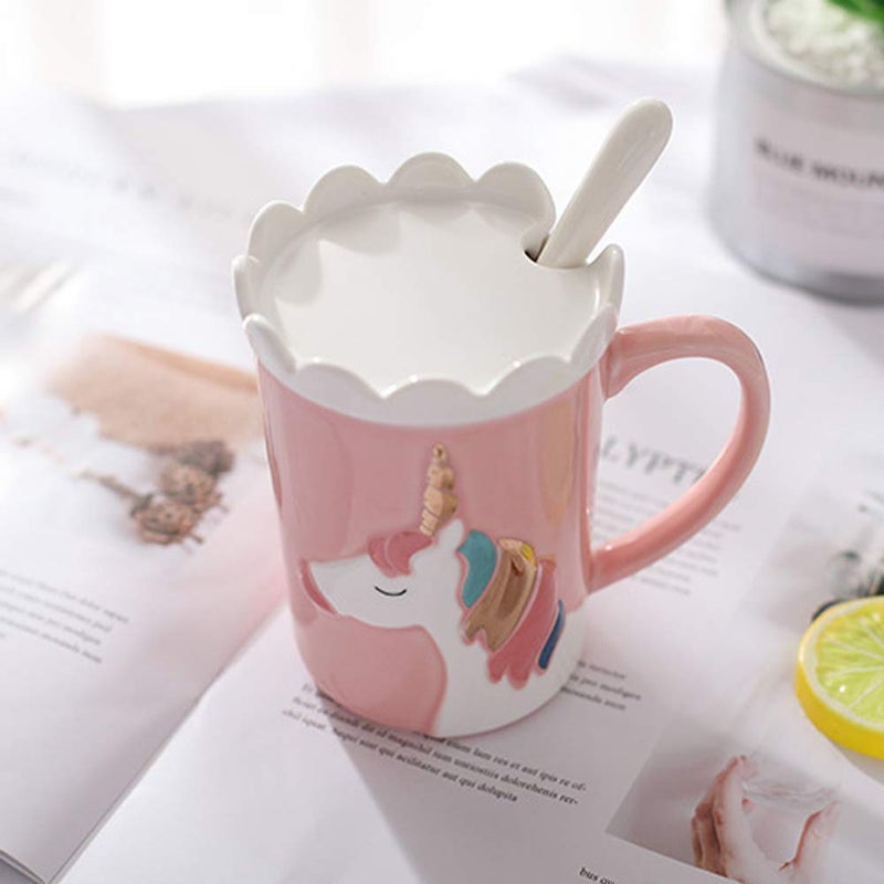 BigNoseDeer Unicorn Mug, Cute Ceramic Coffee Mug with Lid Spoon,Cute Mugs for Coffee Tea Milk,Cut stuff Unicorn Gifts for Girls Cute Gifts for Women (Pink 13oz) - Image 4
