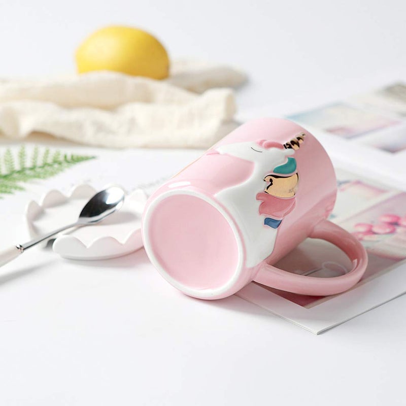 BigNoseDeer Unicorn Mug, Cute Ceramic Coffee Mug with Lid Spoon,Cute Mugs for Coffee Tea Milk,Cut stuff Unicorn Gifts for Girls Cute Gifts for Women (Pink 13oz) - Image 2