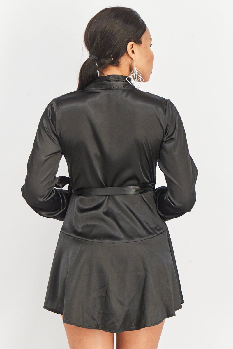 TFNC فستان ساتان ملفوف للنساء، أسود - Image 4