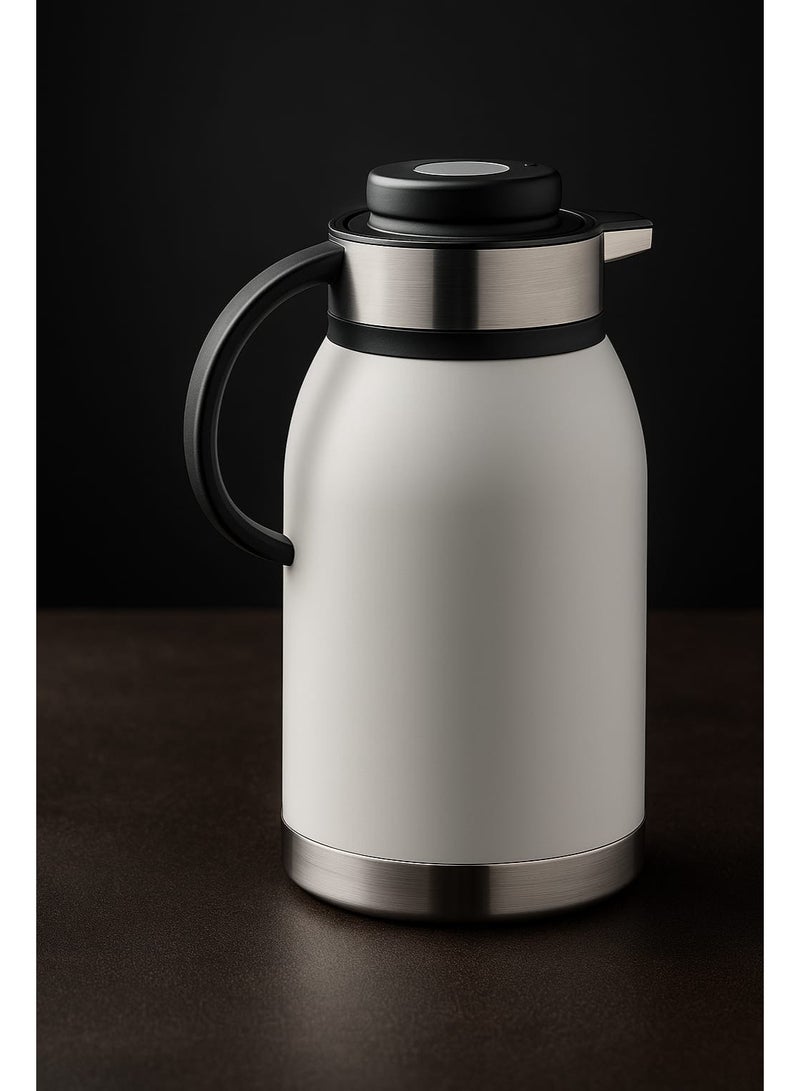هابي هوم ابريق قهوة حراري من الستانلس ستيل، ابريق موزع للشاي والقهوة سعة 2 لتر، ابريق شاي معزول بتفريغ الهواء بجدار مزدوج للحفاظ على مشروبك ساخنا (أبيض/فضى) - Image 2