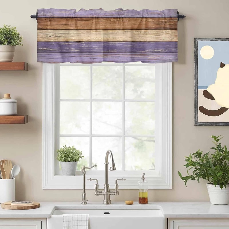 Farmhouse Purple Brown Valances for Windows, Short Curtains for Kitchen/Bathroom, Vintage Wooden Striped Rod Pocket Window Treatment for Living Room/Doorway/Bedroom/Cafe Decor Panel 42"x18" - Image 2