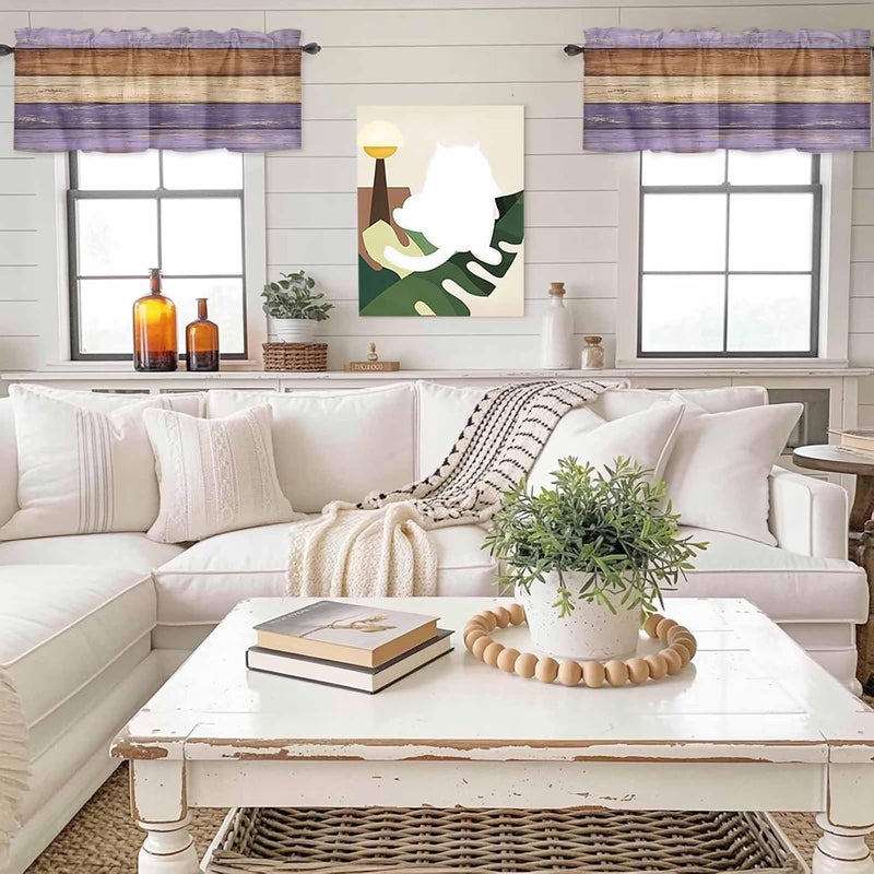 Farmhouse Purple Brown Valances for Windows, Short Curtains for Kitchen/Bathroom, Vintage Wooden Striped Rod Pocket Window Treatment for Living Room/Doorway/Bedroom/Cafe Decor Panel 42"x18" - Image 4