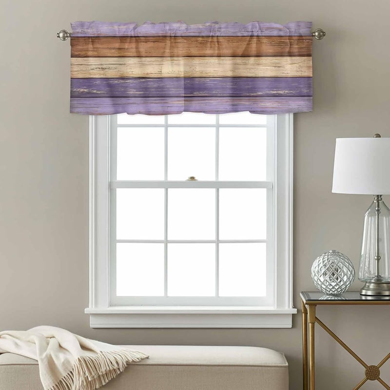 Farmhouse Purple Brown Valances for Windows, Short Curtains for Kitchen/Bathroom, Vintage Wooden Striped Rod Pocket Window Treatment for Living Room/Doorway/Bedroom/Cafe Decor Panel 42"x18" - Image 3