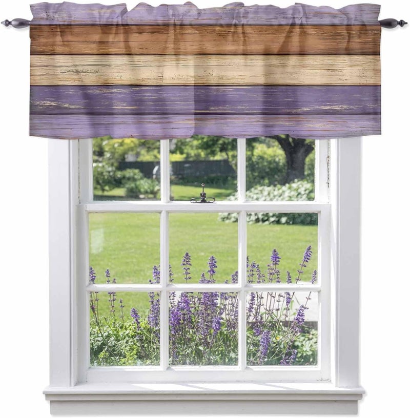Farmhouse Purple Brown Valances for Windows, Short Curtains for Kitchen/Bathroom, Vintage Wooden Striped Rod Pocket Window Treatment for Living Room/Doorway/Bedroom/Cafe Decor Panel 42"x18" - Image 1