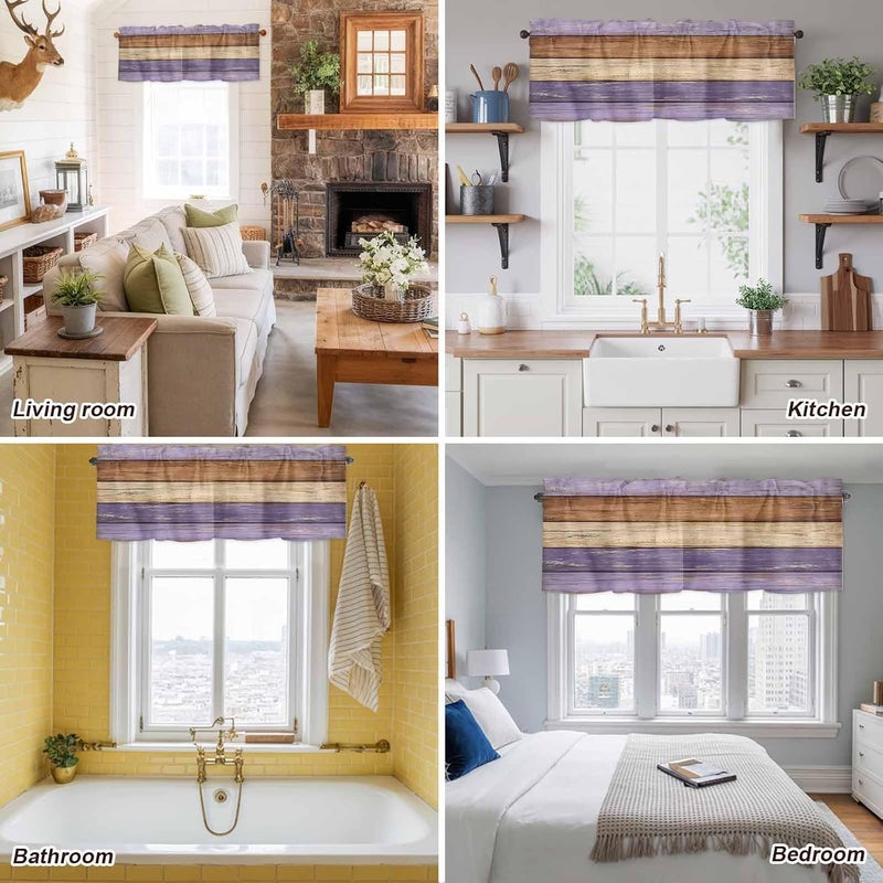 Farmhouse Purple Brown Valances for Windows, Short Curtains for Kitchen/Bathroom, Vintage Wooden Striped Rod Pocket Window Treatment for Living Room/Doorway/Bedroom/Cafe Decor Panel 42"x18" - Image 5