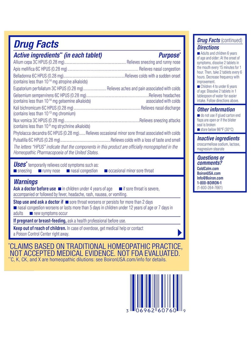 Boiron - Coldcalm Meltaway Tablets - Cold Relief - For Sneezing, Runny Nose, Minor Sore Throat, For Ages 4+ Years, Non-Drowsy, 60 Meltaway Tablets - Image 1