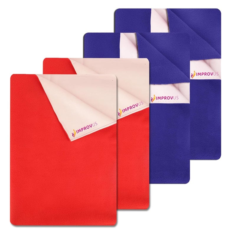IMPROVUS Instadry AntiPiling Fleece Extra Absorbent Quick Dry Sheet for New Born Babies Cotton Bed Protector Mattress Reusable Waterproof Baby Cot Sheet for Toddler Infant Red Blue Pack of 4