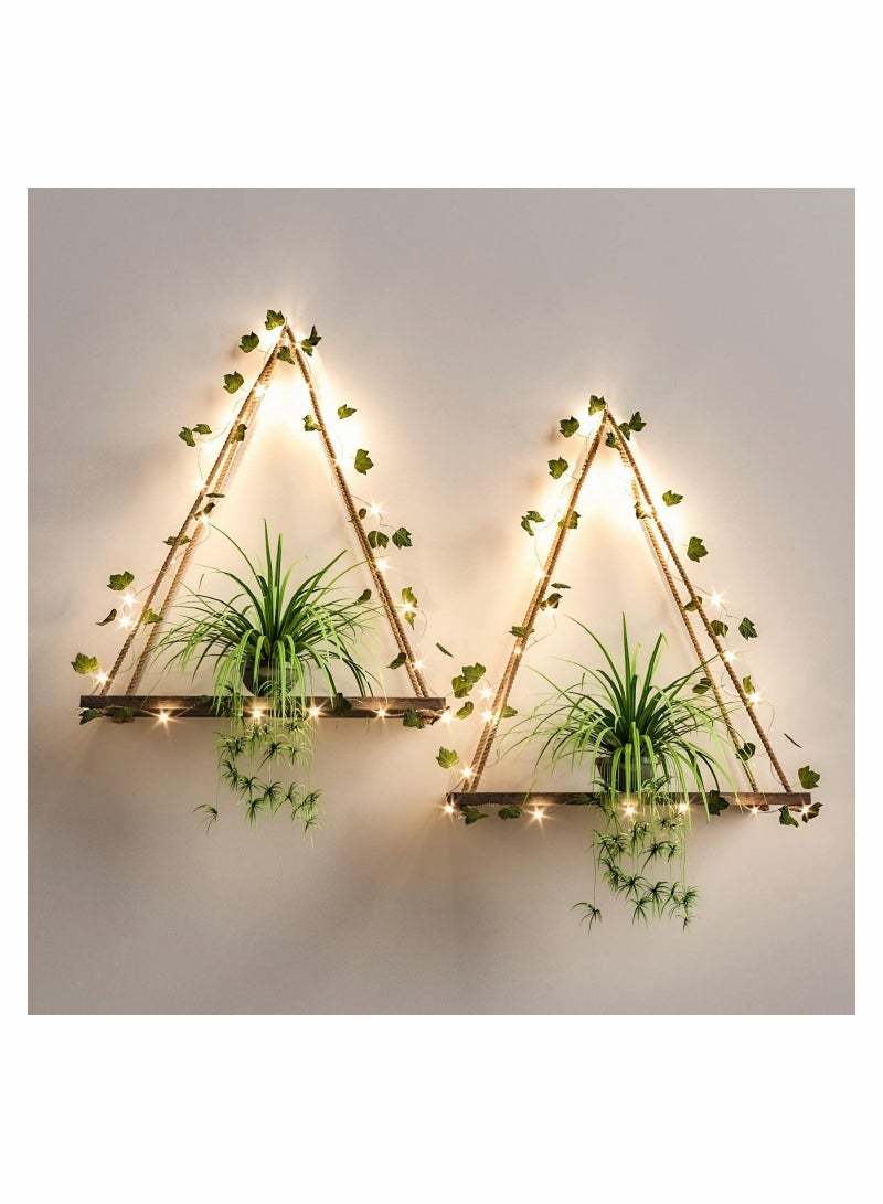 Y&D Artificial Ivy LED-Strip Wall Hanging Shelves Set of 2, Plant Shelf, Shelf for Bedroom Bathroom Living Room Kitchen, Wood Décor - Image 1