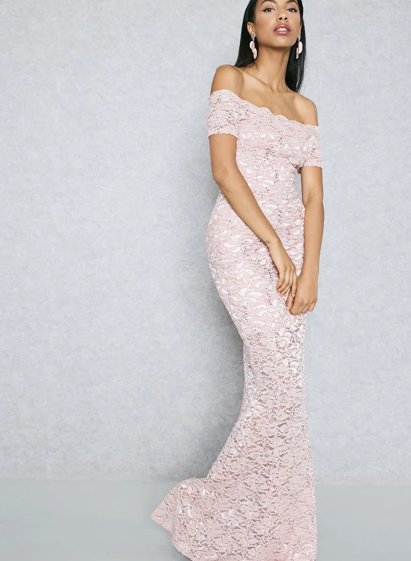 QUIZ Lace Bardot Fishtail Maxi Dress