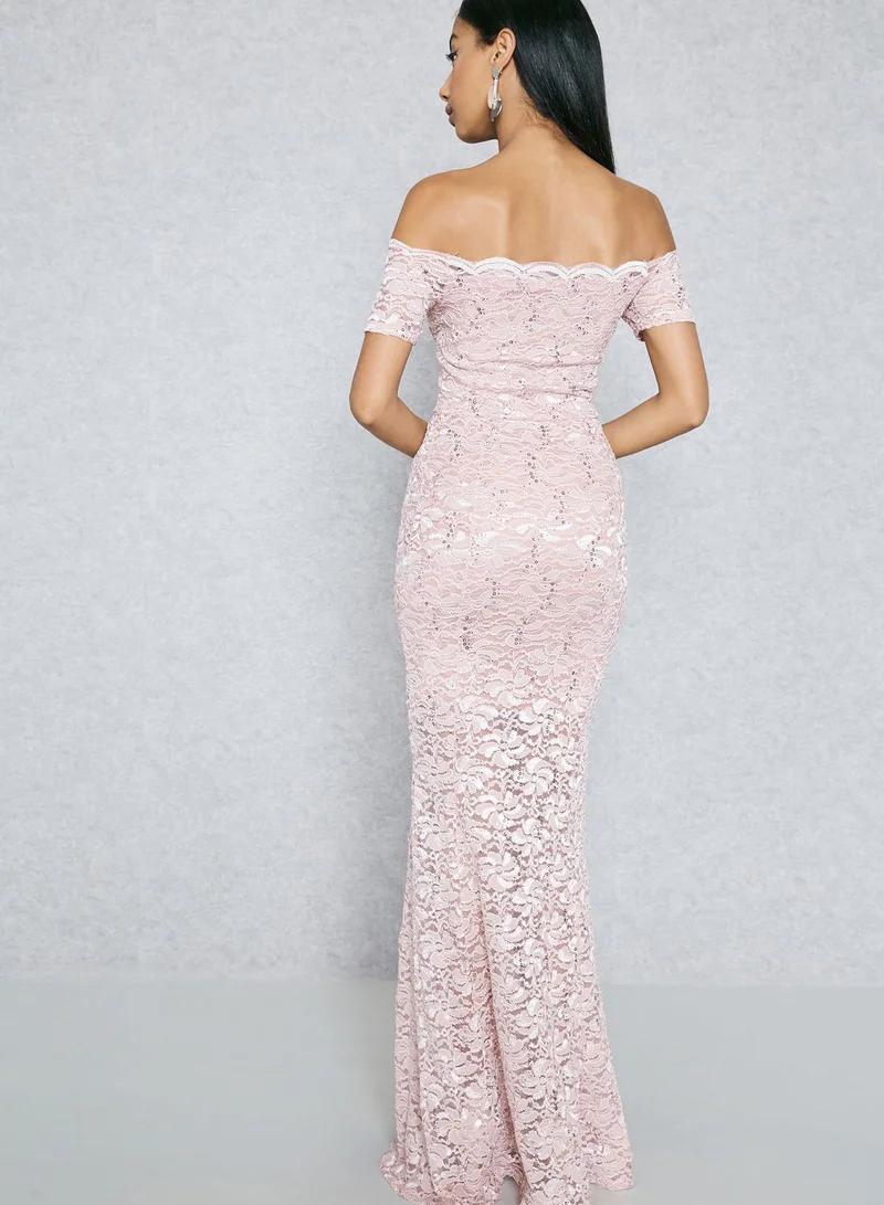 QUIZ Lace Bardot Fishtail Maxi Dress