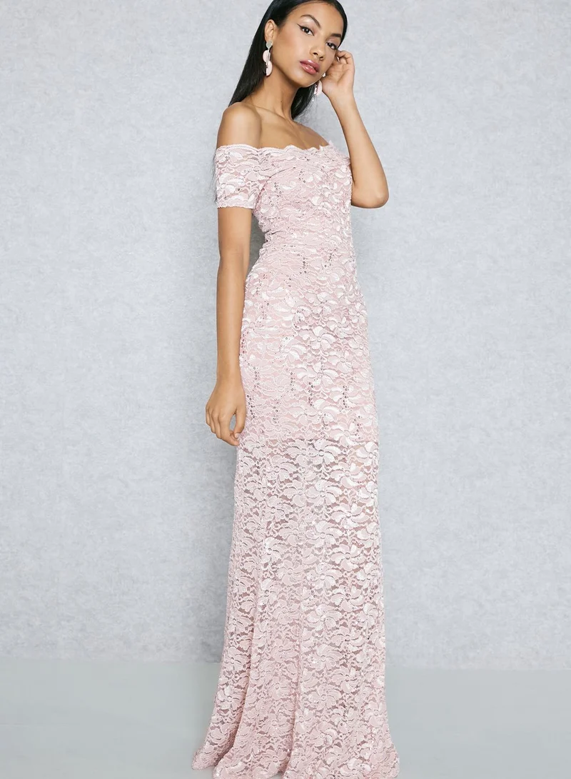 QUIZ Lace Bardot Fishtail Maxi Dress