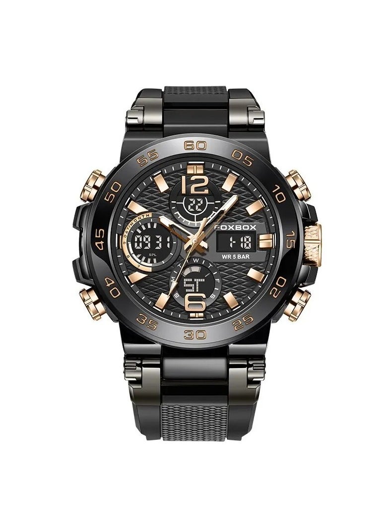 FOXBOX - Dual Display Electronic Watch, Fashionable And Cool Multifunctional Silicone Glow Men's Watch, Sport Leisure Waterproof Business Watch, Military Chronograph Wrist Watch For Men, (Black Rose) - Image 1