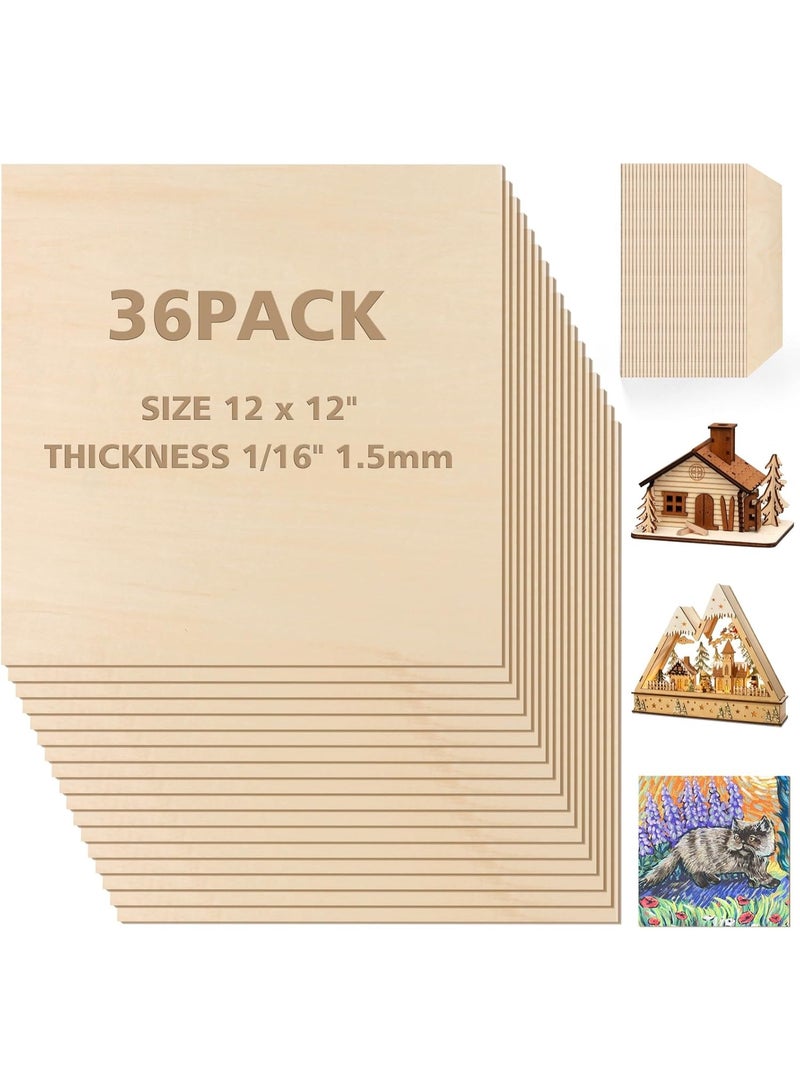 SLASA 36-Pack Basswood Sheets – 1/16" x 12 x 12 Inch (1.5mm) – Unfinished Square Plywood Boards for Laser Cutting, Wood Burning, DIY Crafts, Painting & Model Carving - Image 1